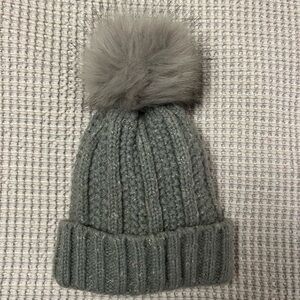 Gray Knit Beanie with Pom Pom